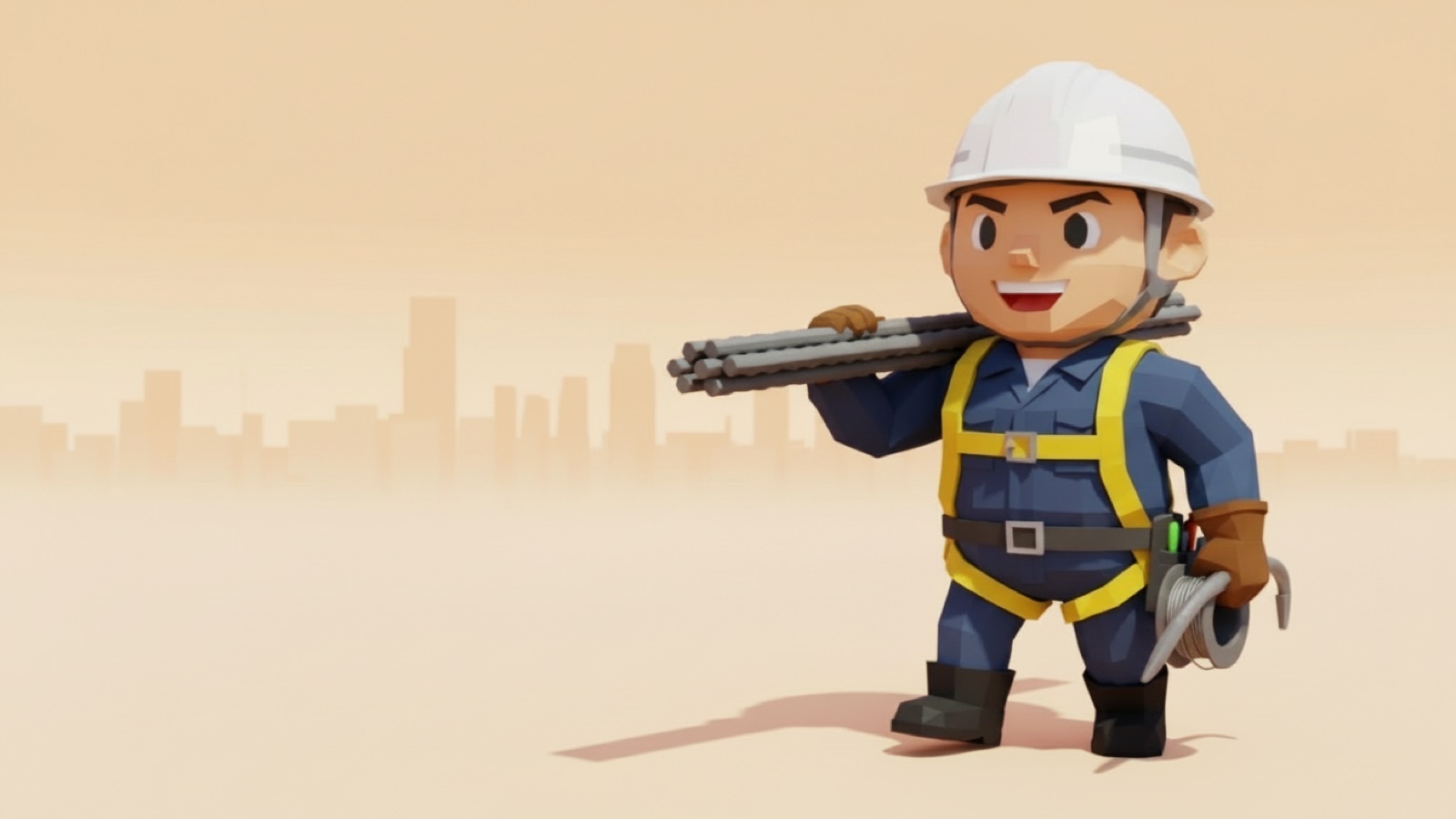 結束用のハッカーを持ち、肩に鉄筋を担いだ鉄筋工のキャラクター