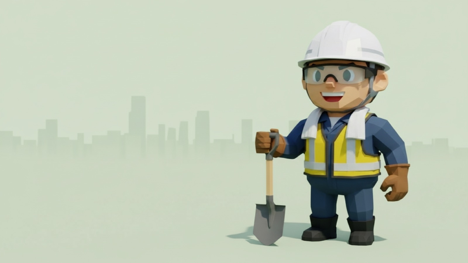 反射材の付いた安全ベストを着て、剣先スコップを持った土工のキャラクター