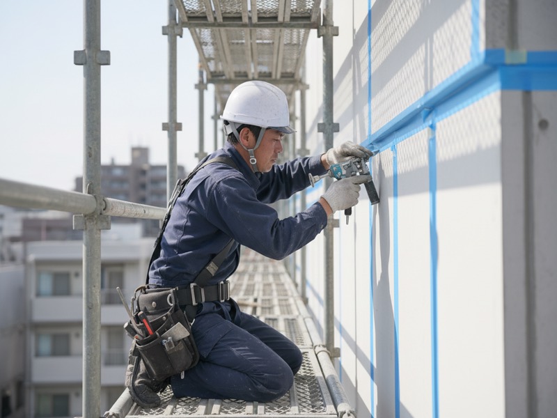 外壁の足場の上で、パネルの継ぎ目にシーリングガンで材料を詰める防水工の手元