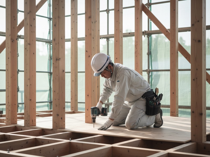 柱と梁の骨組みが見える建築中の木造住宅で、床の合板をビスで留める大工