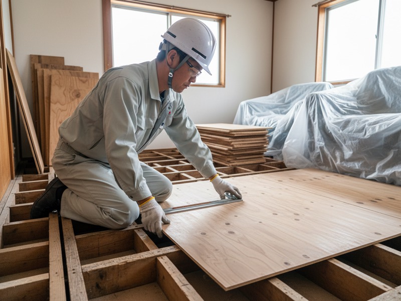 古い床をはがした住宅の部屋で、根太の上に新しい合板を合わせ、さしがねで位置を確かめる大工