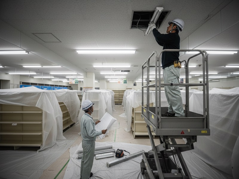 閉店後の店舗で、手すりつきの作業台に乗って天井の照明を付け替える職人と、図面を持って確かめる施工管理技士
