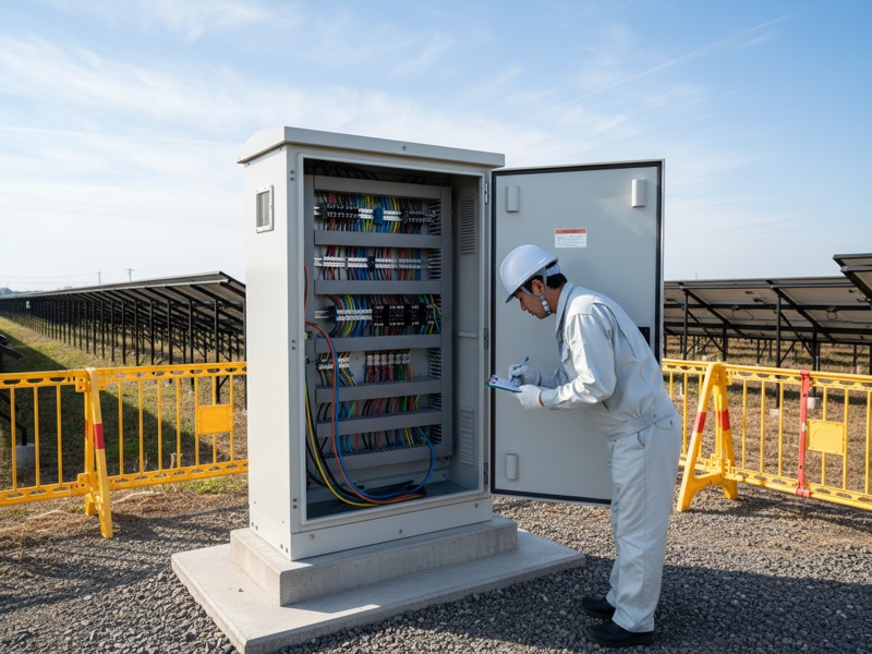 太陽光パネルが並ぶ発電所で、扉を開けたキュービクルの配線を確かめる施工管理技士
