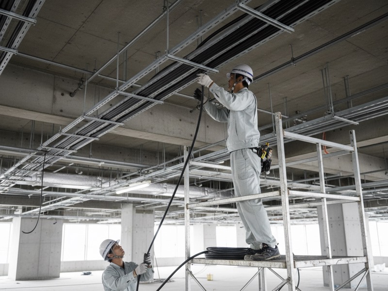 建設中のビルで、手すりつきの作業台に乗り、天井のケーブルラックにケーブルを並べる電気工事士