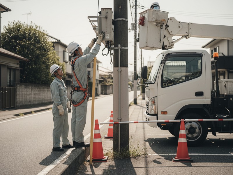道路わきで高所作業車のバケットに乗り、電柱の上の機器を付け替える電気工事士