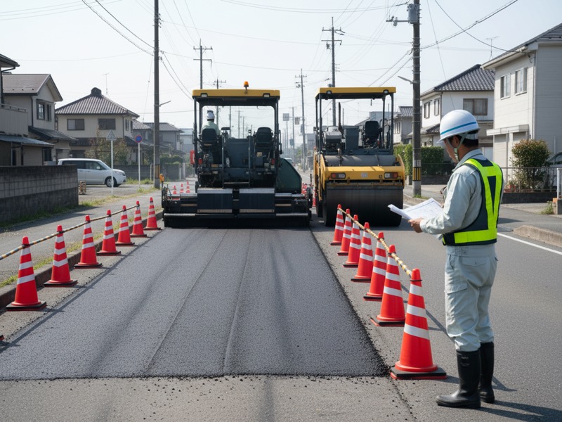 片側の車線を規制した道路で、アスファルトフィニッシャーが敷き均し、ローラーが締め固める舗装を、図面を手に確かめる施工管理技士