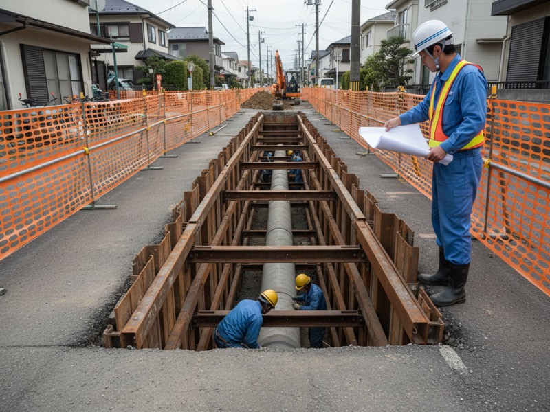 住宅地の道路に掘った溝で、土留めの中に据えた下水管の位置を、地上から図面と見比べる施工管理技士