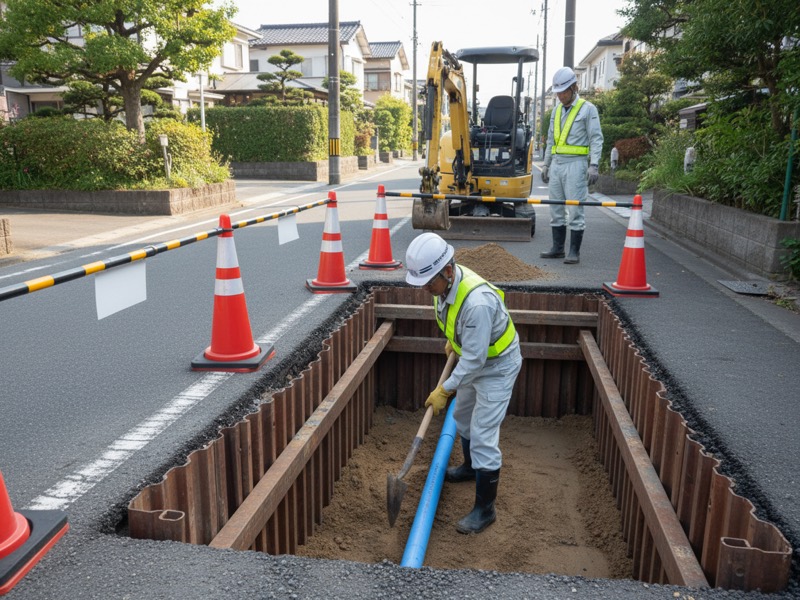 カラーコーンで囲った道路の溝の中で、新しい水道管のまわりにスコップで砂を入れる作業員。溝の壁は土留め板で押さえてあり、溝の外に小型のバックホウが止まっている