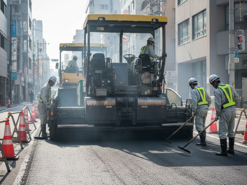 車線を区切った道路で、アスファルトフィニッシャーが合材を敷き、その後ろでローラーが締め固めている舗装の現場