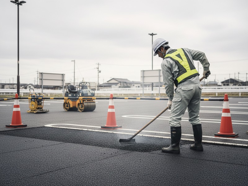 店舗の駐車場で、湯気の立つアスファルト合材をレーキでならす舗装工と、その横の小型ローラー