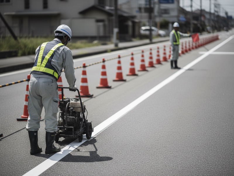カラーコーンで片側の車線を区切った道路で、手押しのハンドマーカーを押して白線を引く作業員