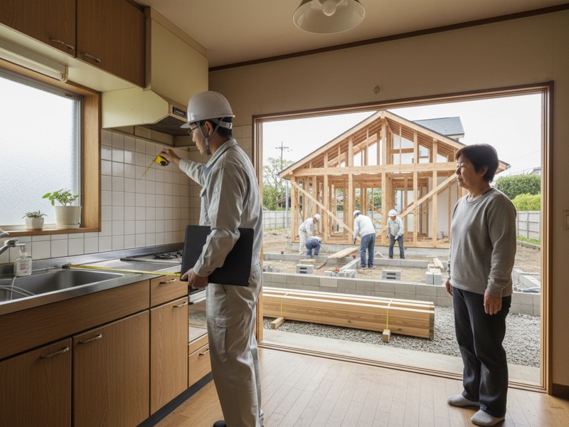 住宅のキッチンでメジャーを伸ばして横幅を測る営業担当者と、その様子を見る住人