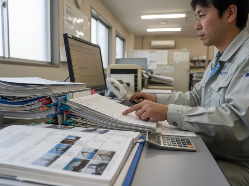 事務所の机で書類のファイルを開き、内容を確かめながらパソコンに入力する工事事務の担当者
