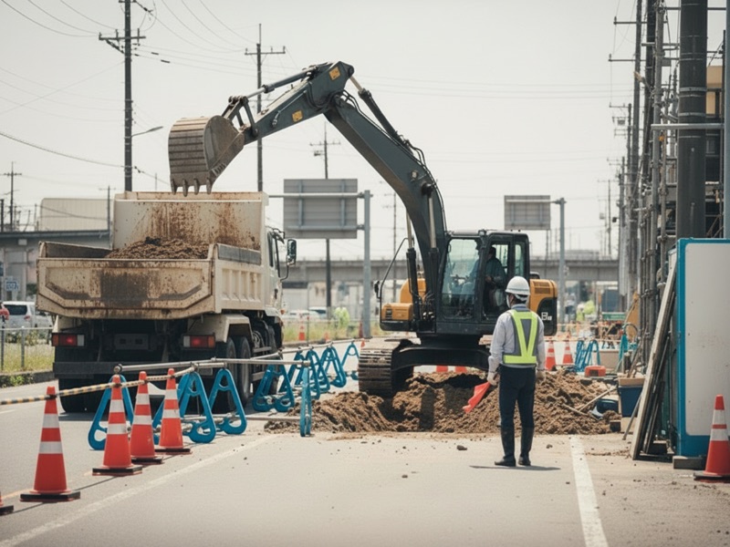 道路工事の現場で、バックホウが溝を掘り、掘った土をダンプトラックの荷台に積んでいる様子