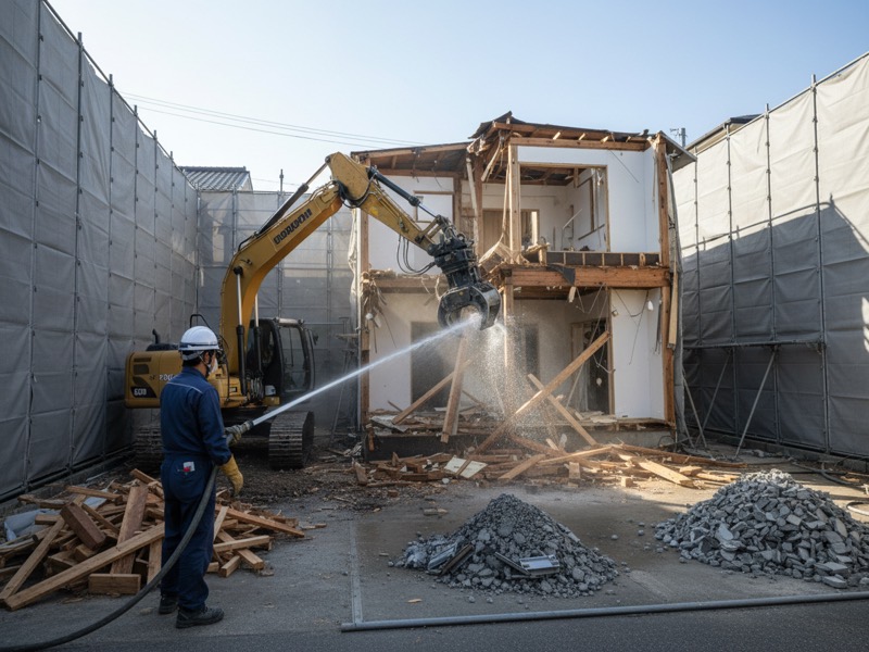 防音シートで囲った木造住宅の解体現場で、重機が柱を崩し、手前の作業員がホースで水をまいて粉じんを抑えている様子