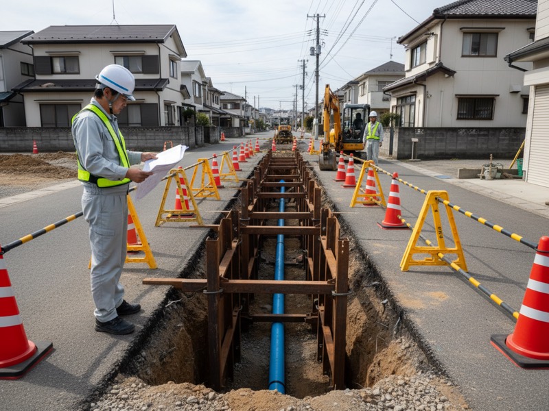 道路を掘った溝に据えた水道管を、溝の外から確かめる施工管理者