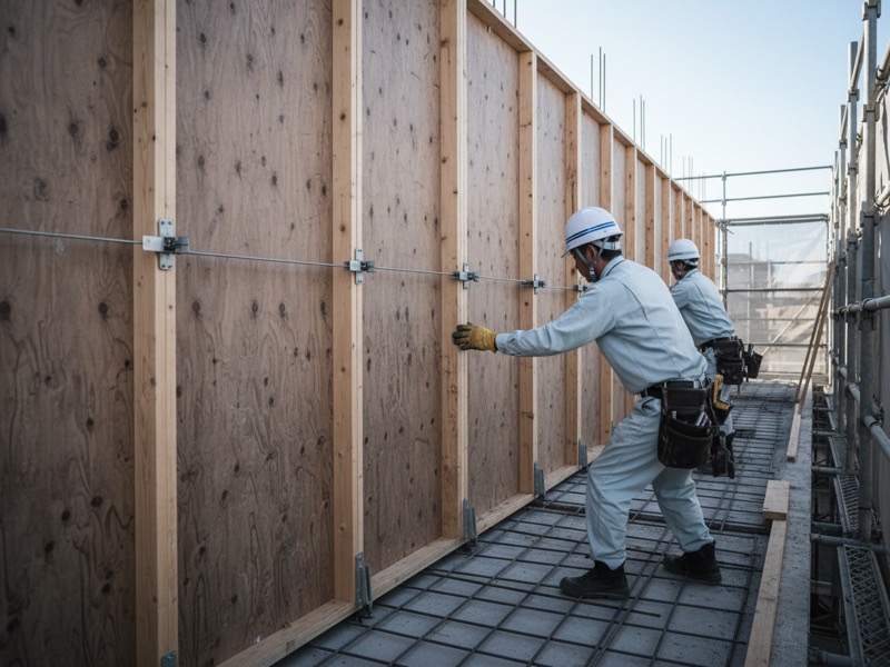 建設中のマンションの床の上で、合板パネルを壁の位置に立てて締め付ける型枠大工