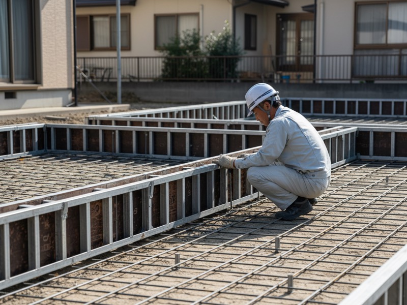 戸建て住宅の基礎で、組んだ鉄筋のまわりに金属製の型枠を並べる型枠大工