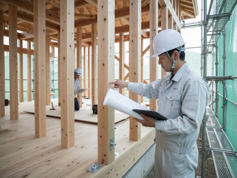 上棟したばかりの木造住宅の中で、図面を持って柱の金物を指さし確認する施工管理技士