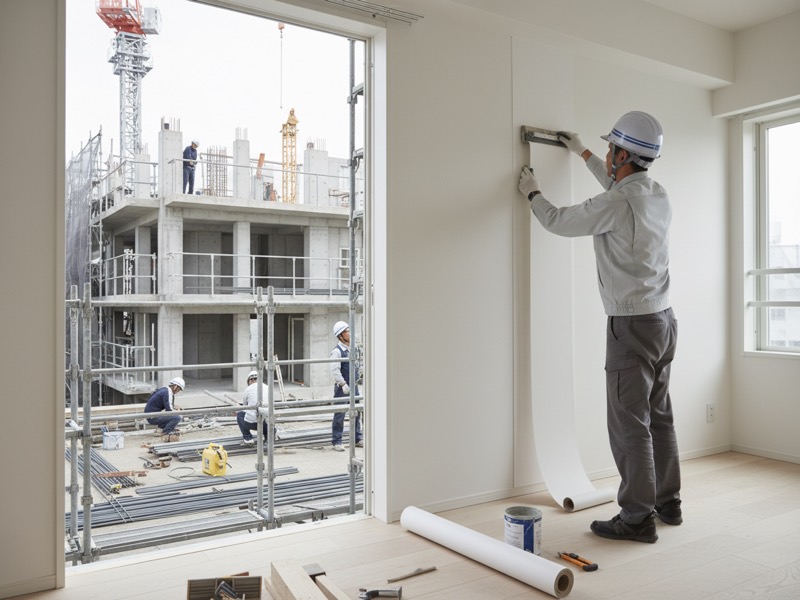 マンションの部屋の壁に、なで刷毛で壁紙を押さえながら張っていくクロス職人
