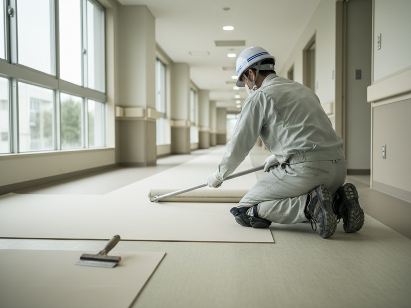 病院の廊下で、張った長尺シートをローラーで押さえて床に密着させる内装仕上げ工