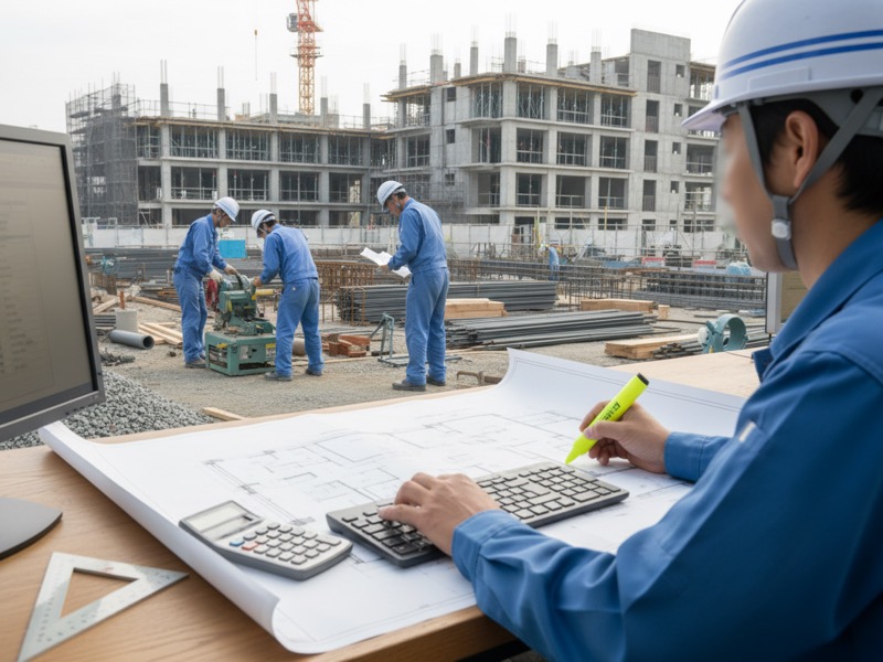 事務所の机に広げた建物の平面図に蛍光ペンで印を付けながら、パソコンに数量を入力する積算担当者