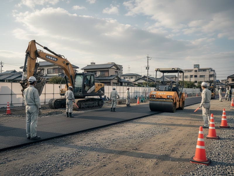 道路工事の横断図と数量計算書の束を見比べ、電卓で数量を確かめる積算担当者と、計算書をのぞき込む上司
