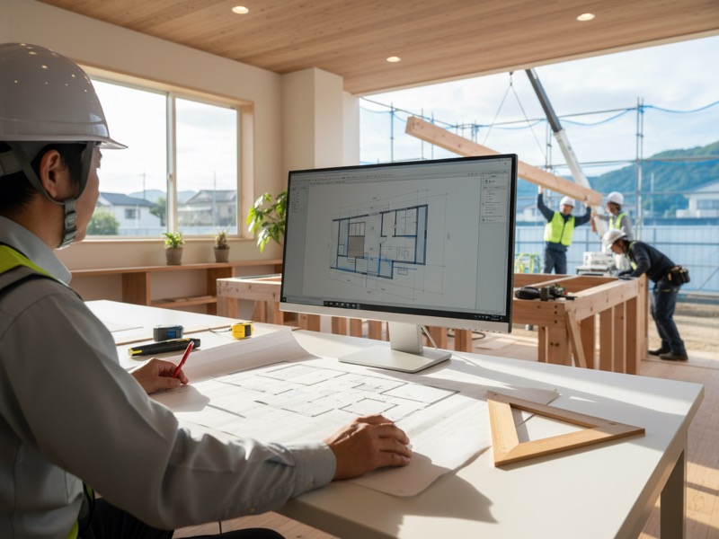事務所の机で、木造住宅の平面図をモニターに映し、印刷した図面と見比べながらCADで修正する設計者の手元