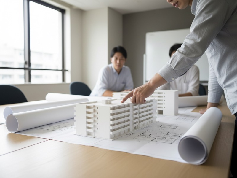 会議室の机に広げたマンションの図面と白い模型を囲み、指で部屋の配置を示しながら打ち合わせをする設計者たち