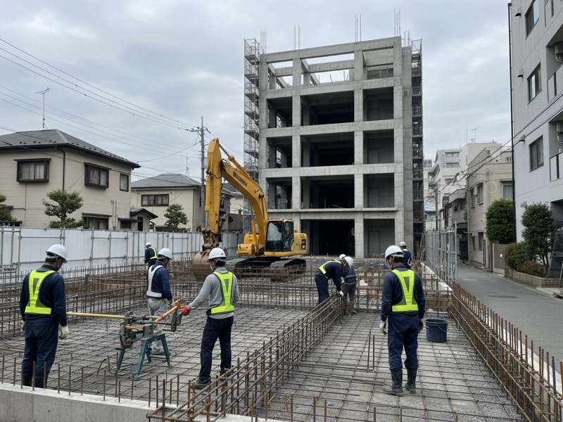 木造住宅の外壁の細いひび割れに折尺を当て、デジタルカメラで記録する調査員