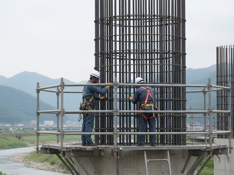 手すりのある足場の上で、橋脚の太い縦の鉄筋に帯筋を取り付ける鉄筋工