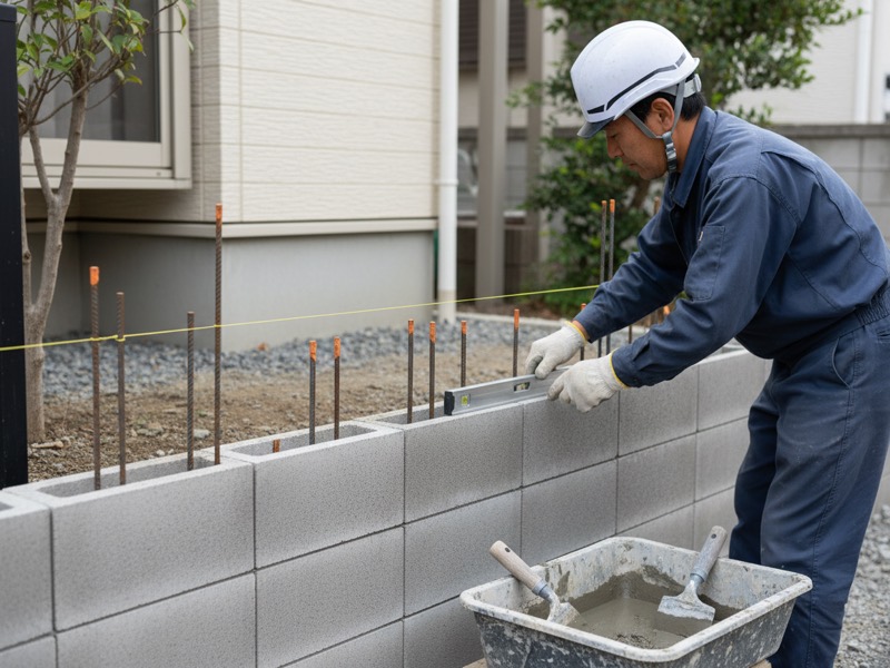 住宅の敷地の境界で、水糸に合わせてコンクリートブロックを積み、水平器で傾きを確かめるブロック職人