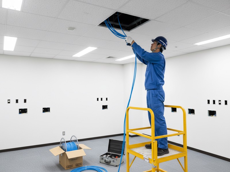 オフィスの天井の点検口から、手すりつきの作業台に乗ってLANケーブルを引き出す通信設備工