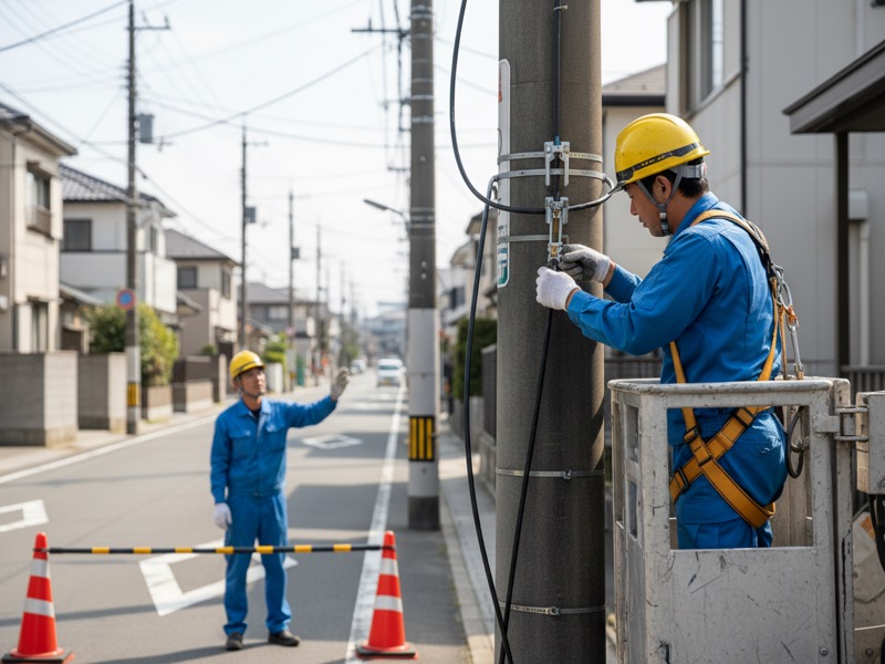 高所作業車のバケットに乗り、電柱の間に張った光ケーブルを金具で留める通信設備工