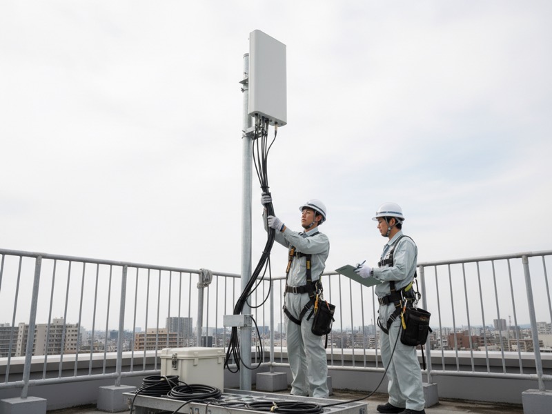 ビルの屋上で、手すりの内側から携帯電話基地局のアンテナにつながるケーブルを確かめる2人の通信設備工