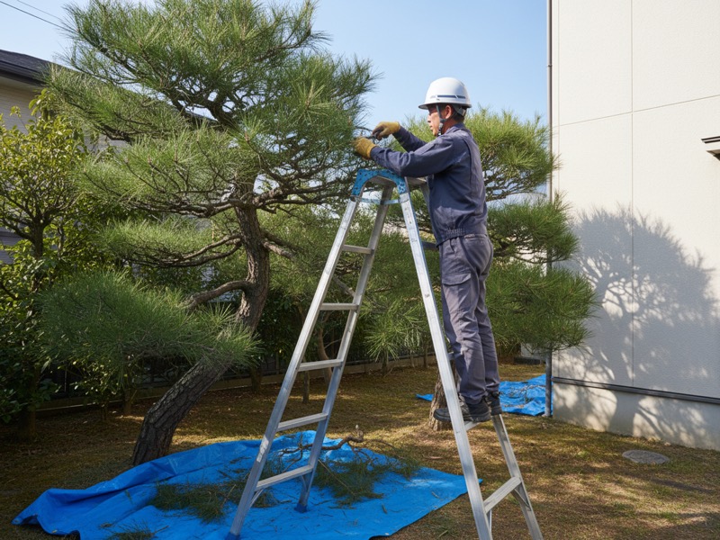 住宅の庭で、三脚の脚立に上ってマツの枝を剪定ばさみで切る造園工