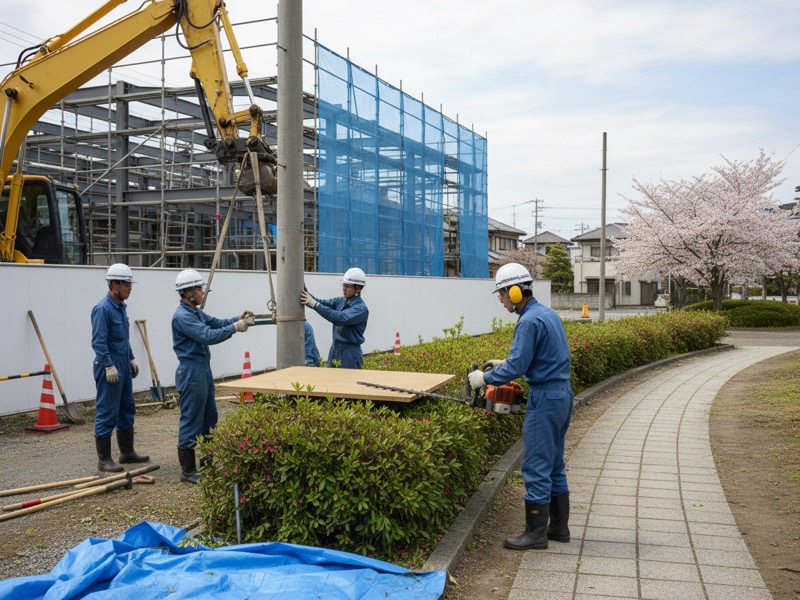 公園の植え込みの低木を、エンジン式のヘッジトリマーで刈りそろえる造園工