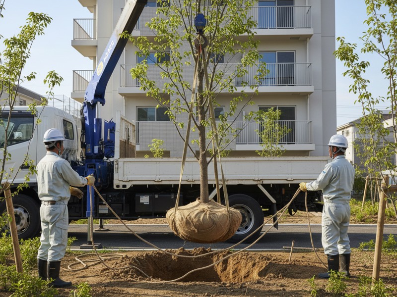 新築の建物の前で、クレーン付きトラックで吊った樹木を植え穴に下ろす造園工たち